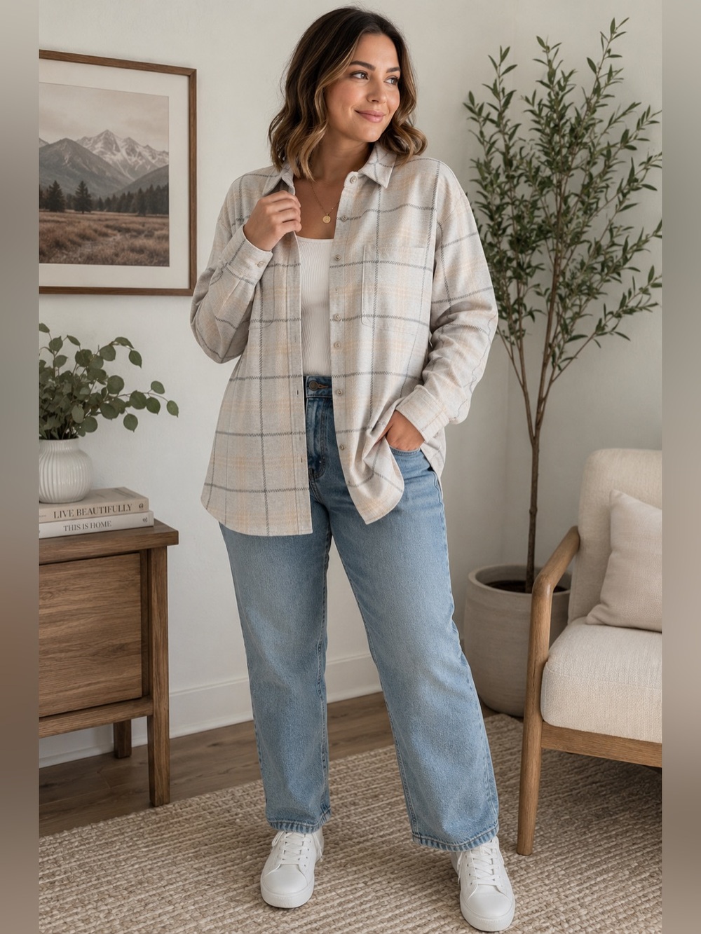 Quince Plaid Brushed Knit Button Front Shirt Jacket Shacket XL Beige Gray